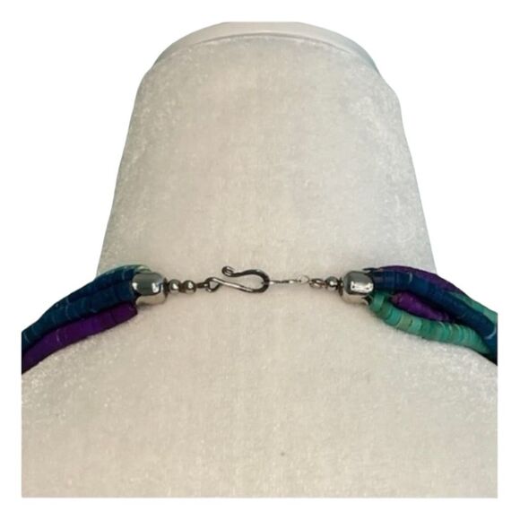 Vintage Chunky Beaded Necklace Purple Green Blue Wood Beads Multi-Strand - Picture 3 of 3